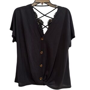 Daytrip Black Button-Down Blouse with Lace Detail size medium